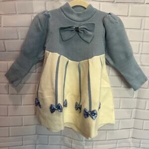 Toddler Girl Size 100 US 2-3T Blue White Winter Fall Cozy Warm Dress Bow